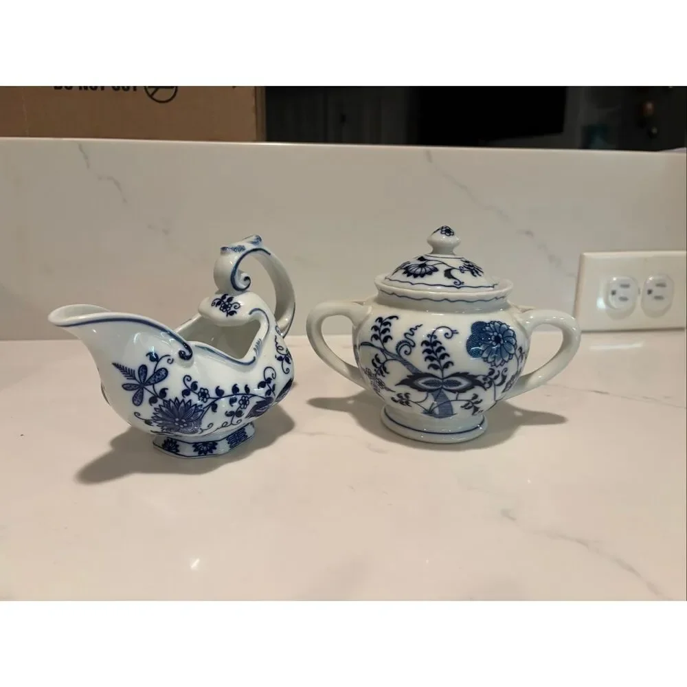 Vintage Onion pattern blue and white Gravy Boat and Sugar Bowl